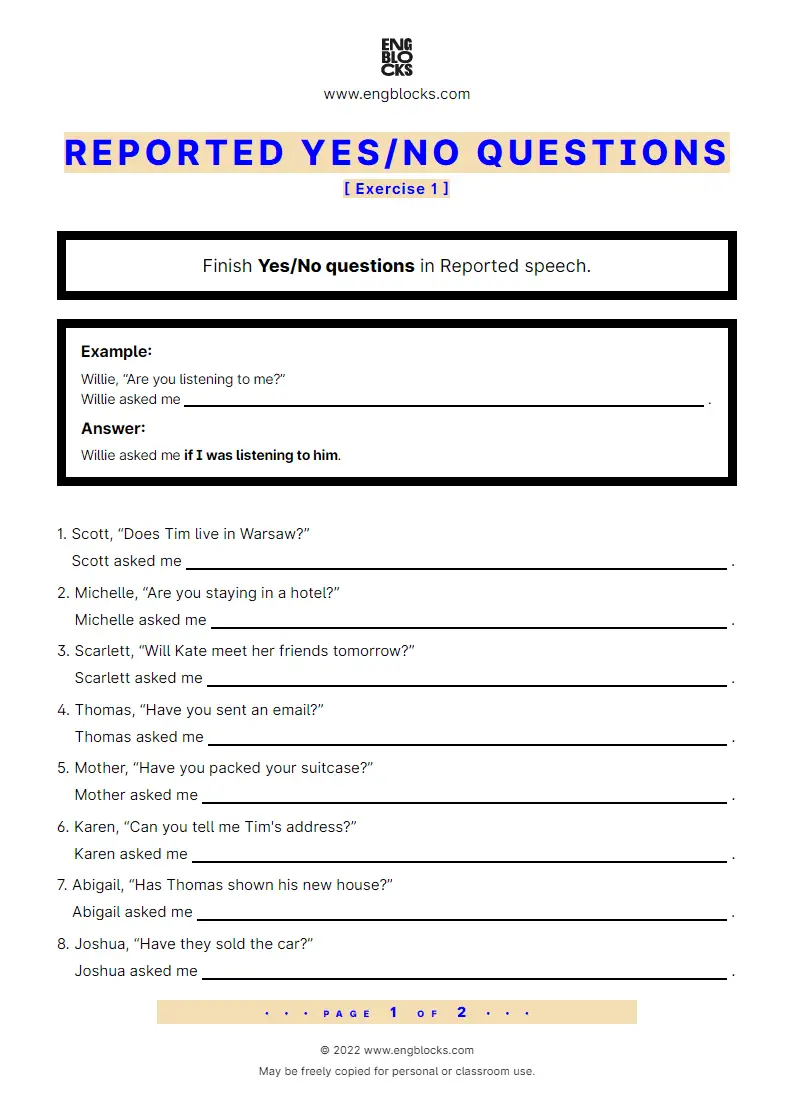Grammar Worksheet: Reported Yes/‌No questions — Exercise 1