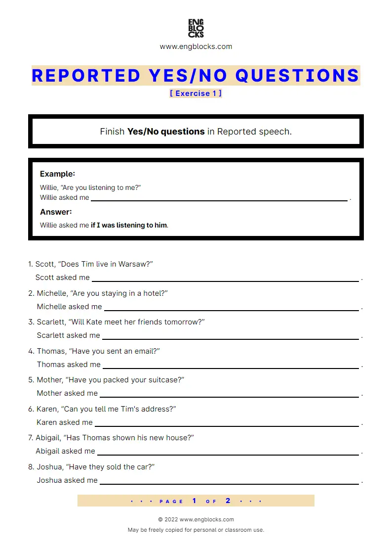 Grammar Worksheet: Reported Yes/‌No questions — Exercise 1