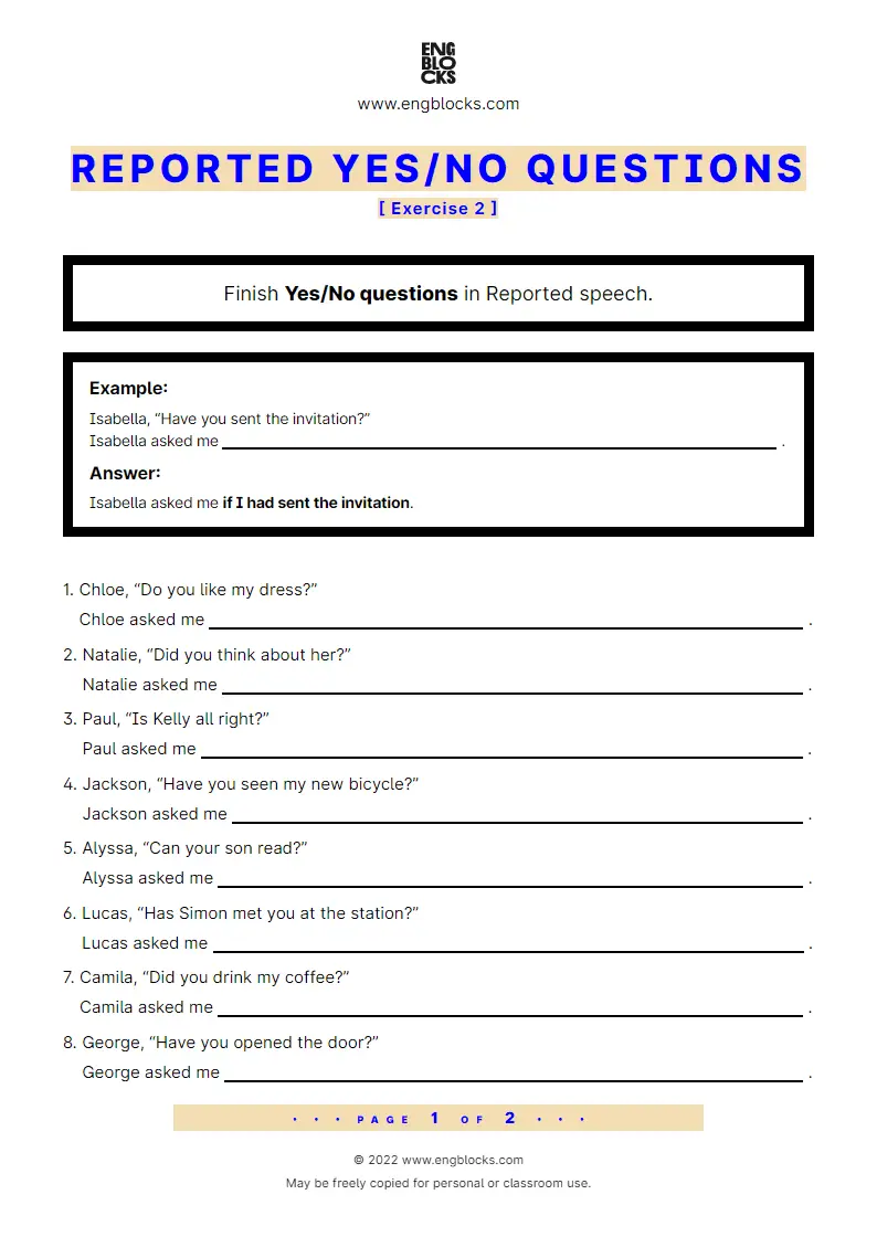 Grammar Worksheet: Reported Yes/‌No questions — Exercise 2