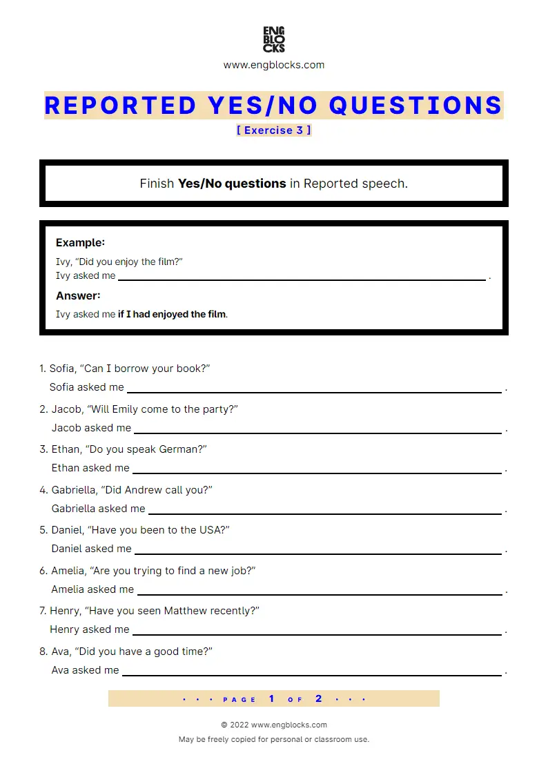 Grammar Worksheet: Reported Yes/‌No questions — Exercise 3