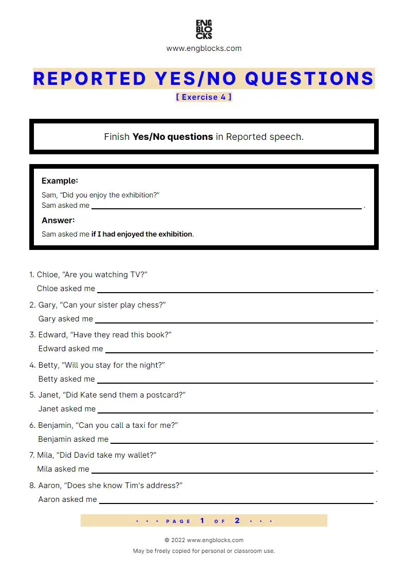 Grammar Worksheet: Reported Yes/‌No questions — Exercise 4
