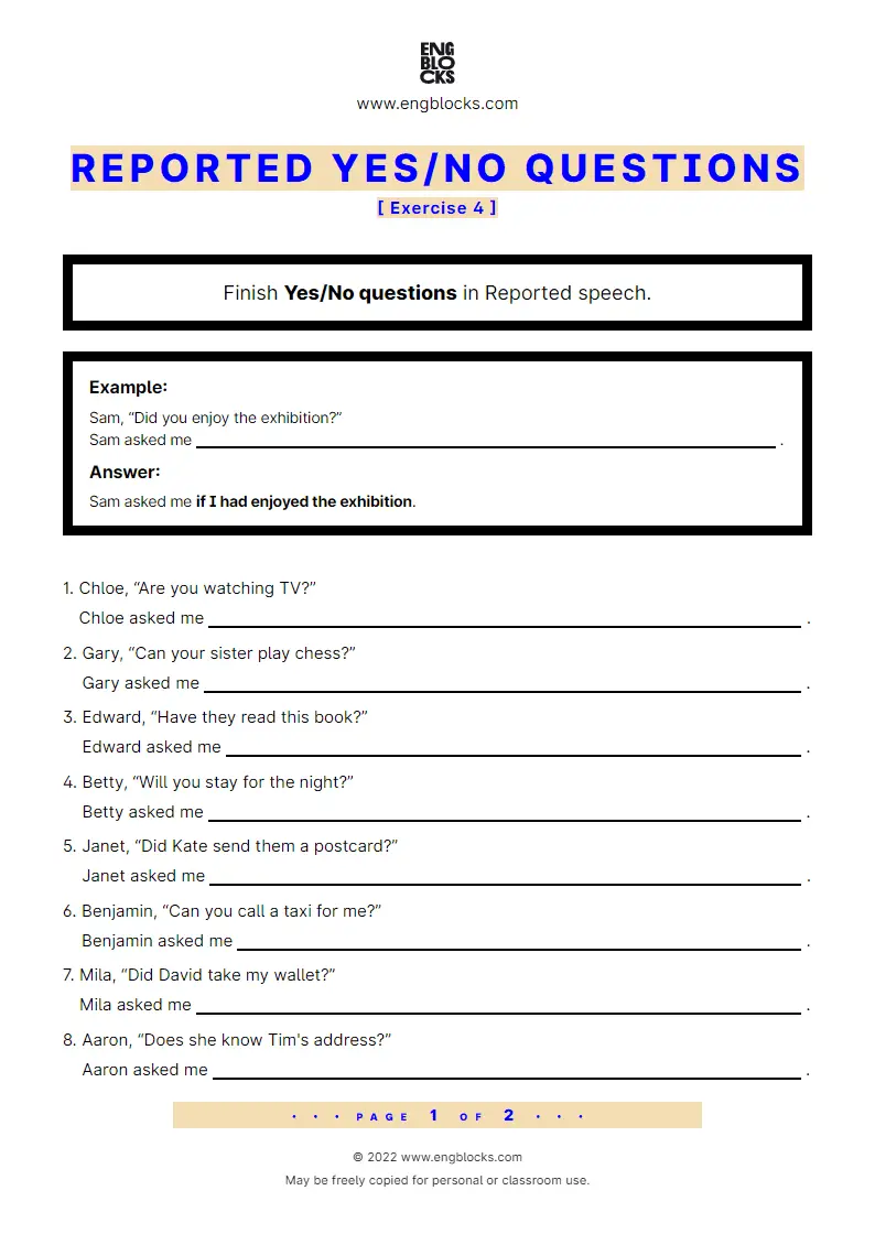 Grammar Worksheet: Reported Yes/‌No questions — Exercise 4