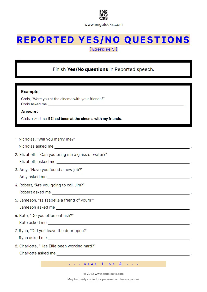 reported speech yes no questions quiz