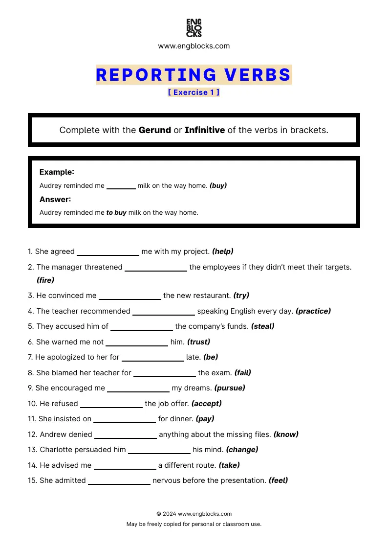 Grammar Worksheet: Reporting verbs — Exercise 1