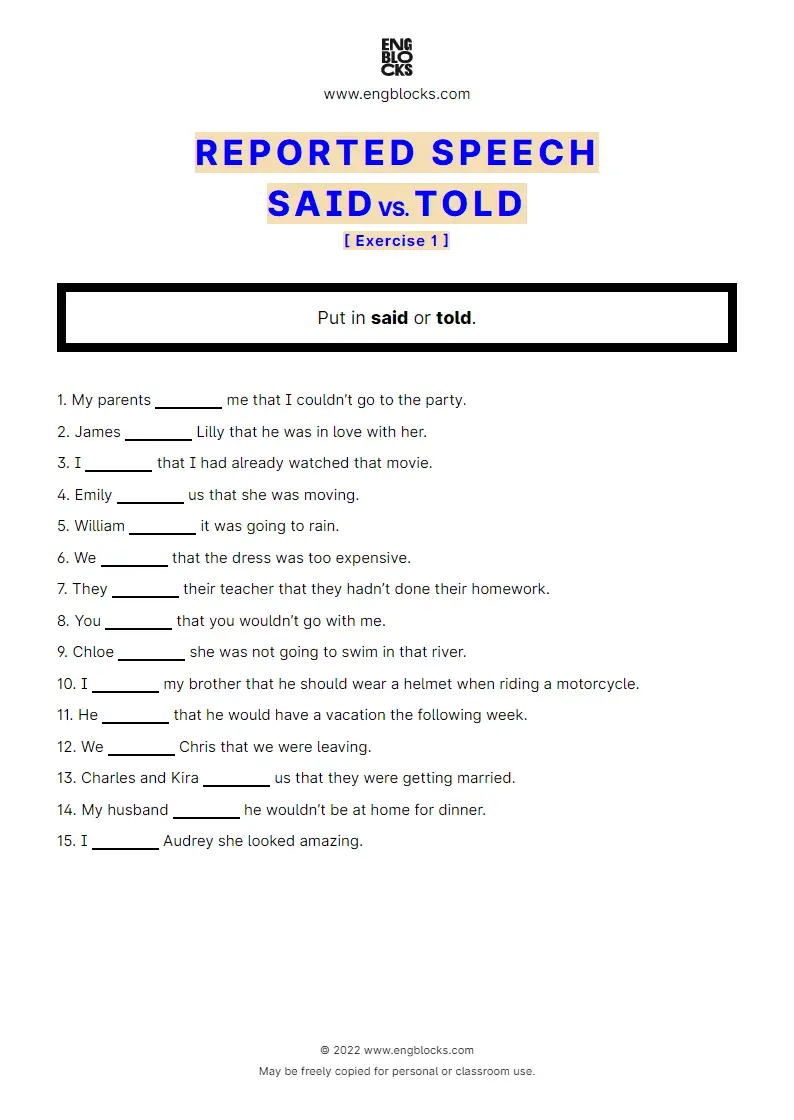 Grammar Worksheet: said vs. told — Exercise 1