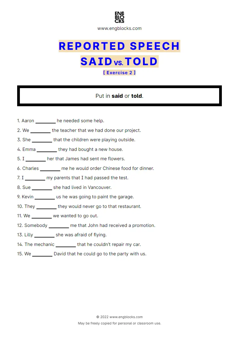 Grammar Worksheet: said vs. told — Exercise 2
