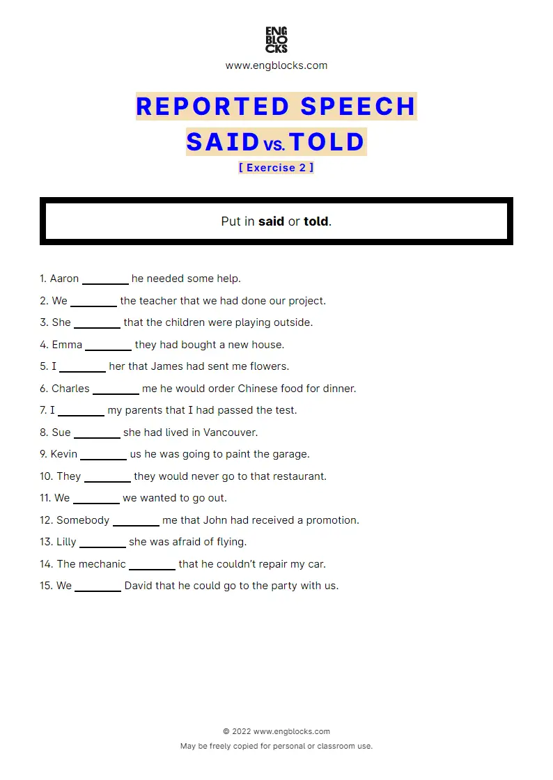 Grammar Worksheet: said vs. told — Exercise 2