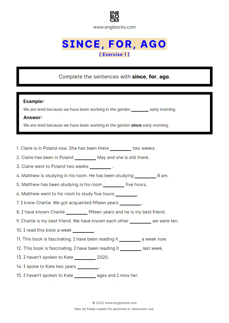 Grammar Worksheet: Since, for, ago — Exercise 1