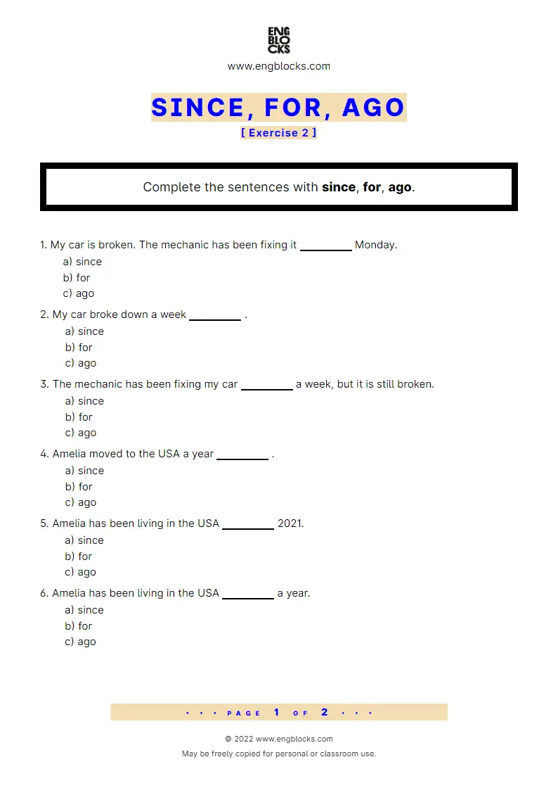 Grammar Worksheet: Since, for, ago — Exercise 2