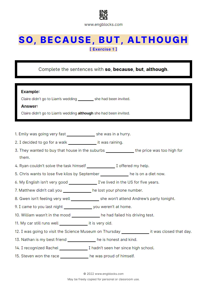 Grammar Worksheet: So, because, but, although — Exercise 1