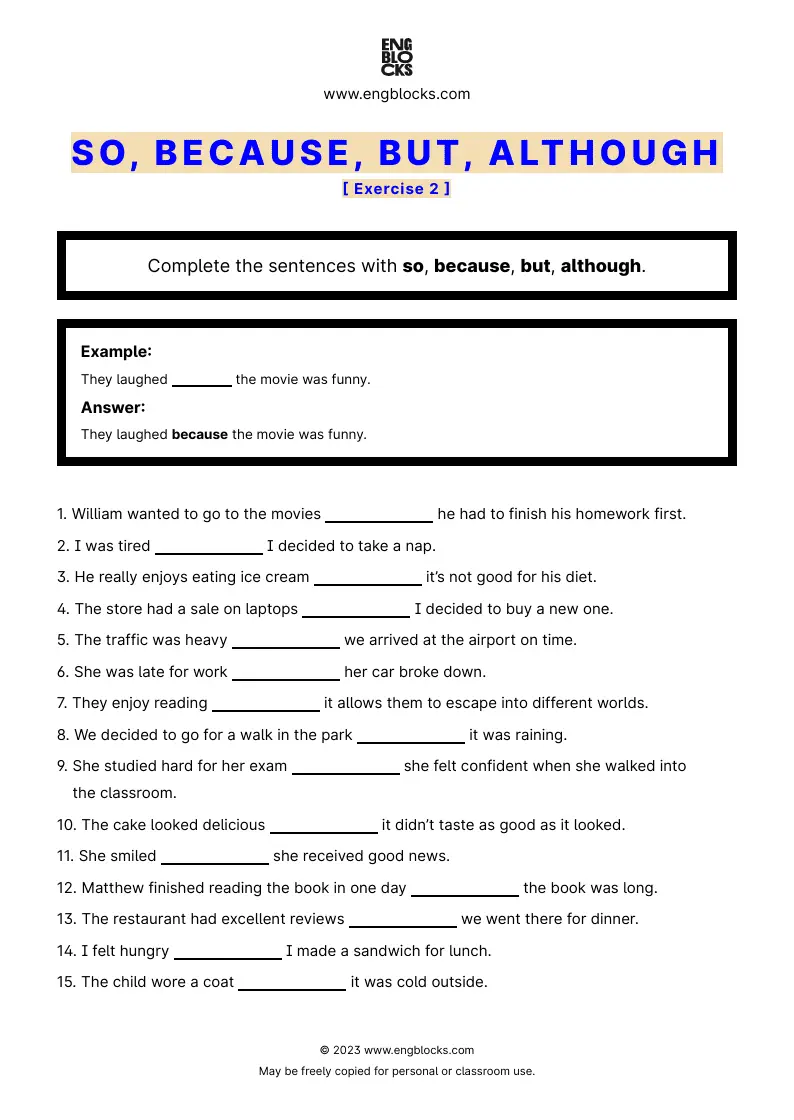 Grammar Worksheet: So, because, but, although — Exercise 2