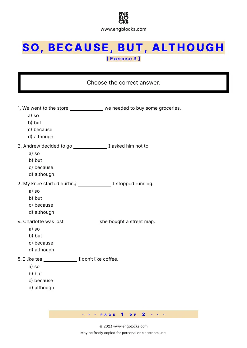 Grammar Worksheet: So, because, but, although — Exercise 3