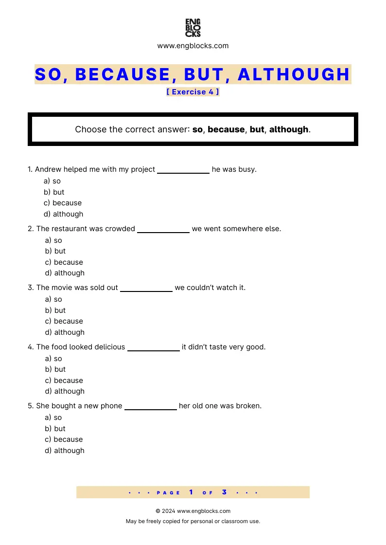 Grammar Worksheet: So, because, but, although — Exercise 4