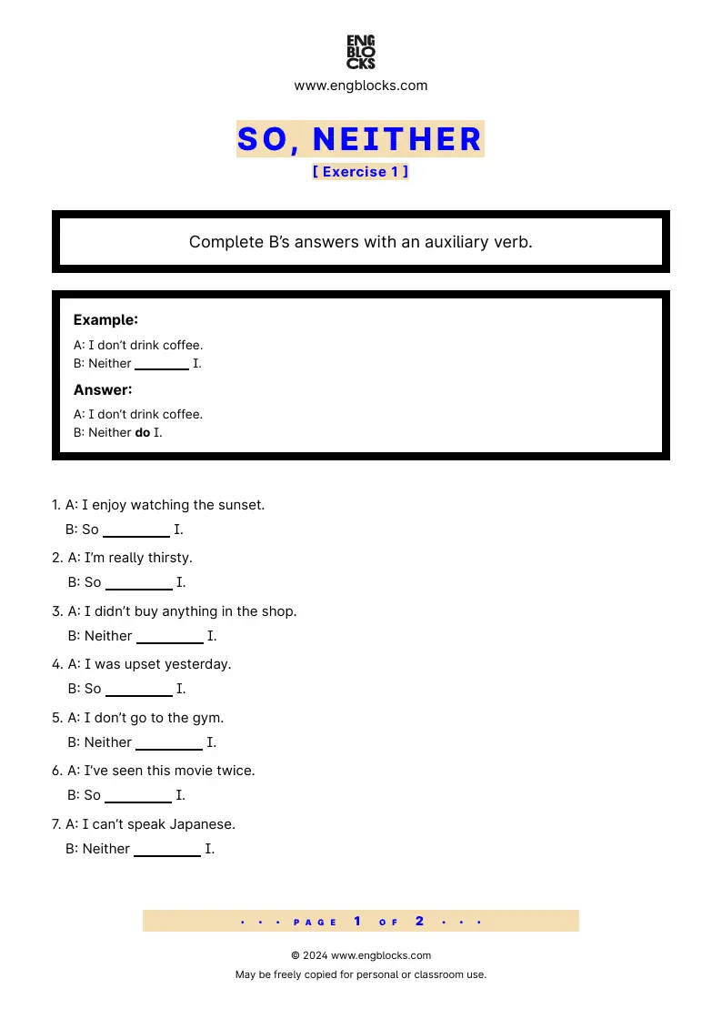 Grammar Worksheet: So, Neither — Exercise 1