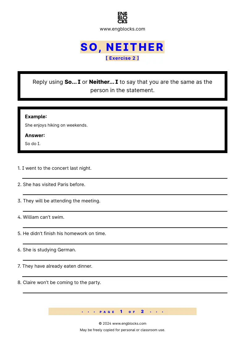 Grammar Worksheet: So, Neither — Exercise 2