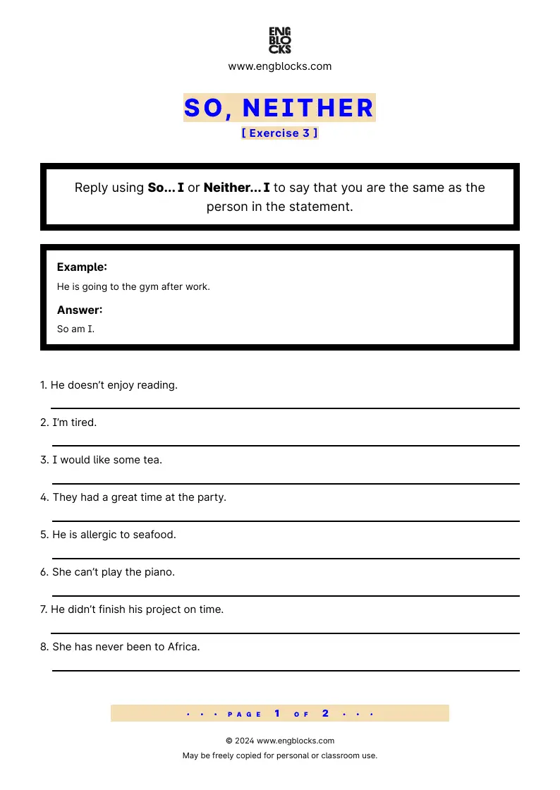 Grammar Worksheet: So, Neither — Exercise 3
