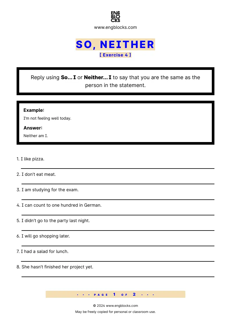 Grammar Worksheet: So, Neither — Exercise 4
