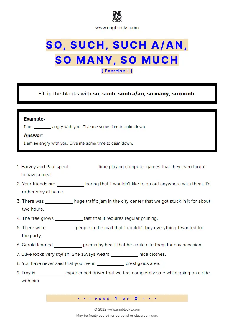 Grammar Worksheet: So, such, such a/‌an, so many, so much — Exercise 1