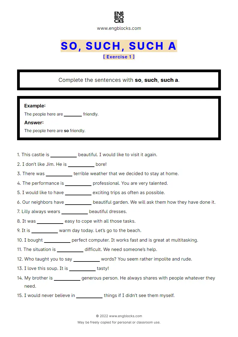 Grammar Worksheet: So, such, such a — Exercise 1