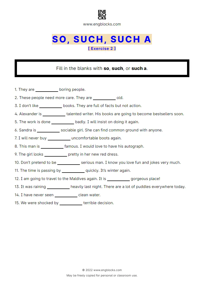 Grammar Worksheet: So, such, such a — Exercise 2