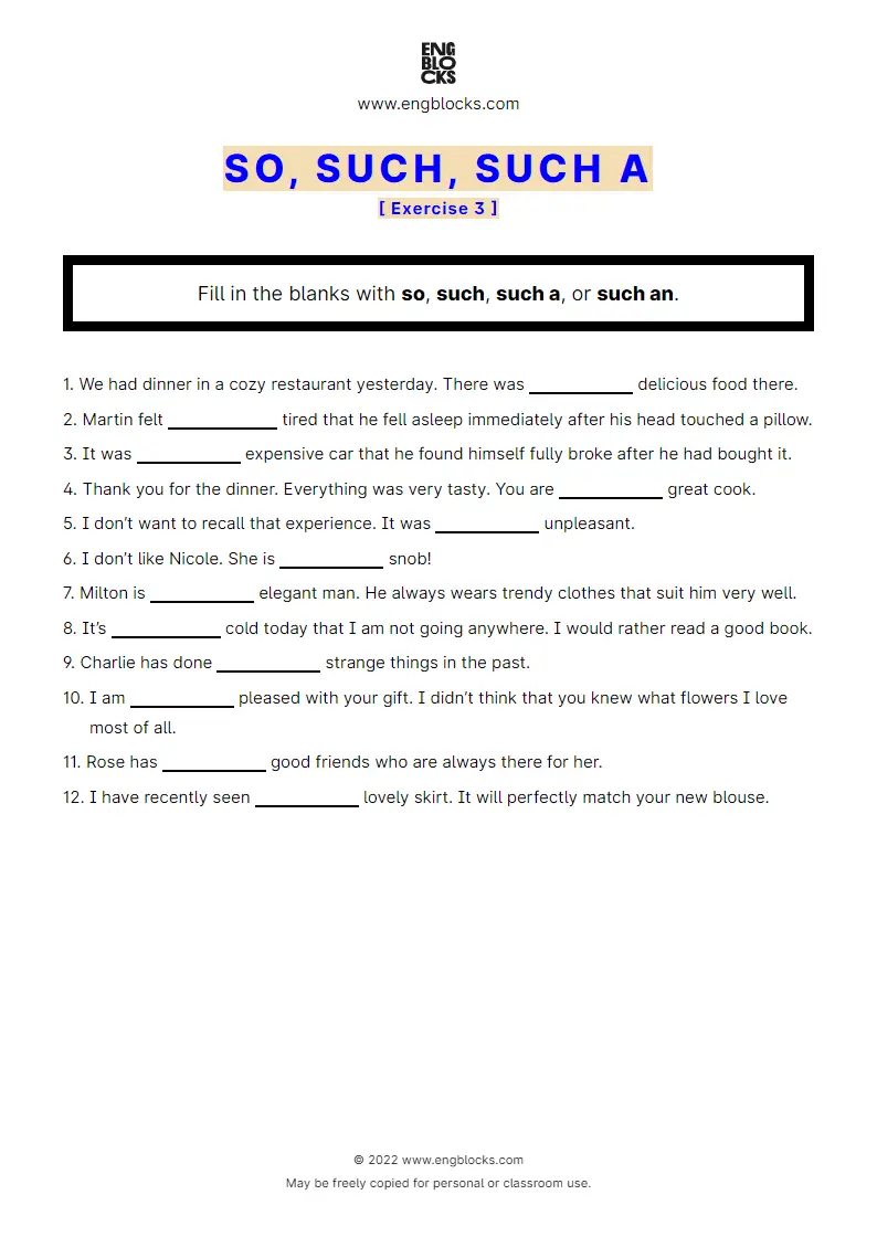 Grammar Worksheet: So, such, such a — Exercise 3