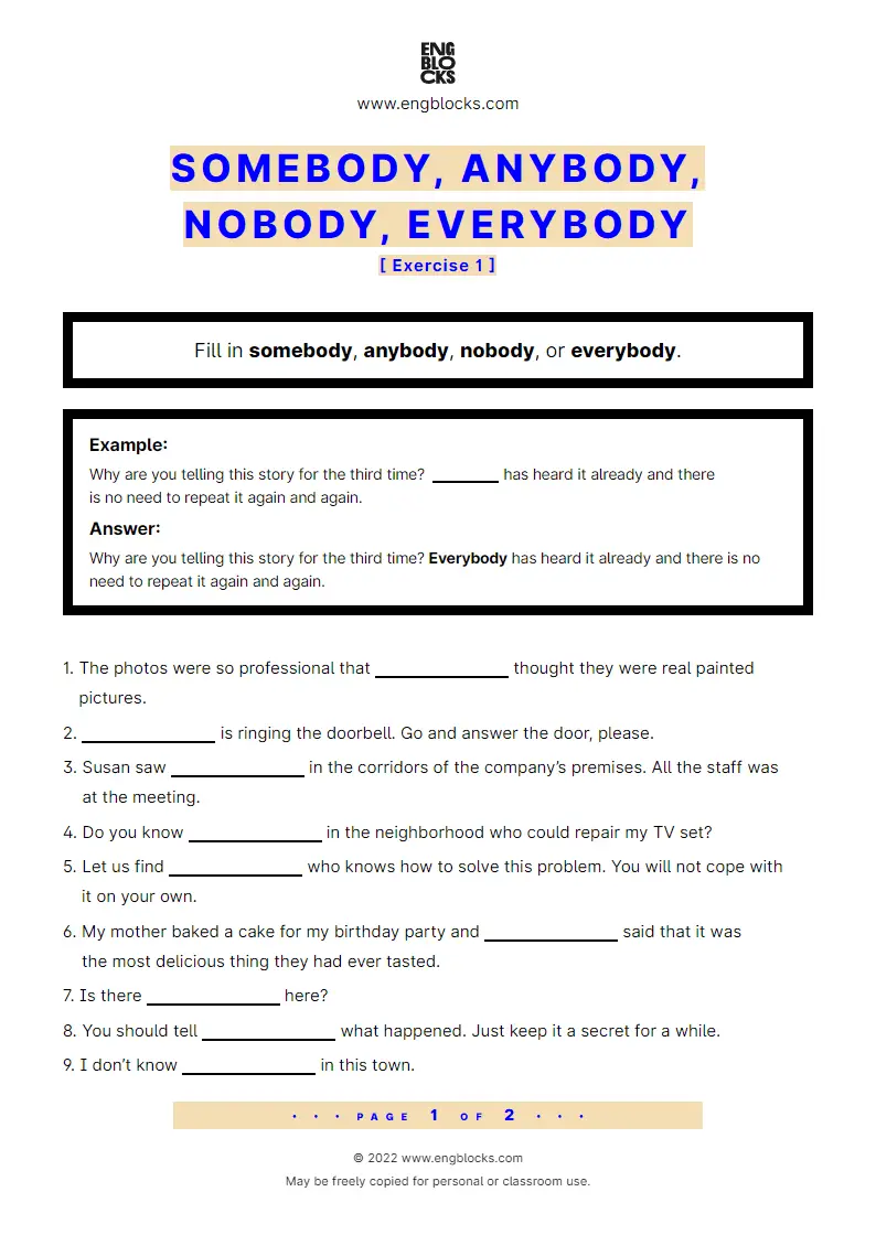 Grammar Worksheet: Somebody, anybody, nobody, everybody — Exercise 1