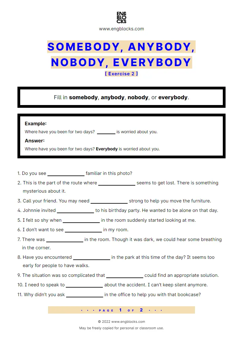 Grammar Worksheet: Somebody, anybody, nobody, everybody — Exercise 2
