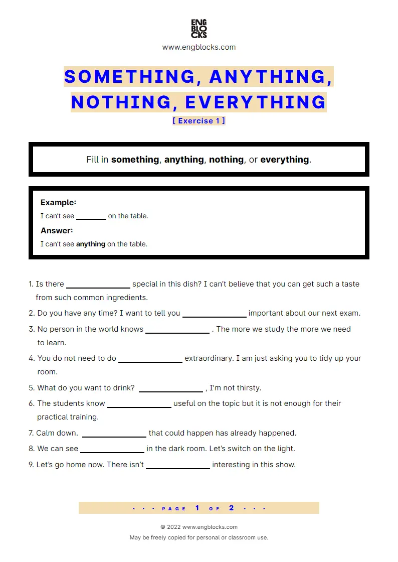 Grammar Worksheet: Something, anything, nothing, everything — Exercise 1