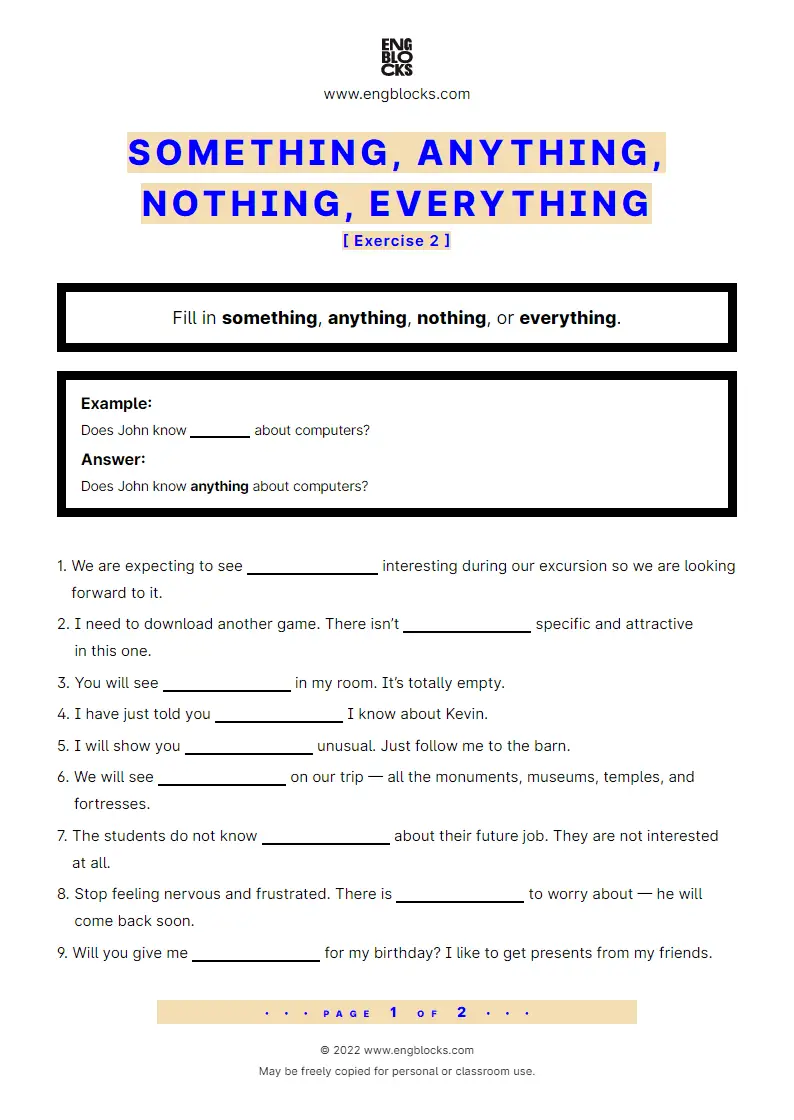 Grammar Worksheet: Something, anything, nothing, everything — Exercise 2