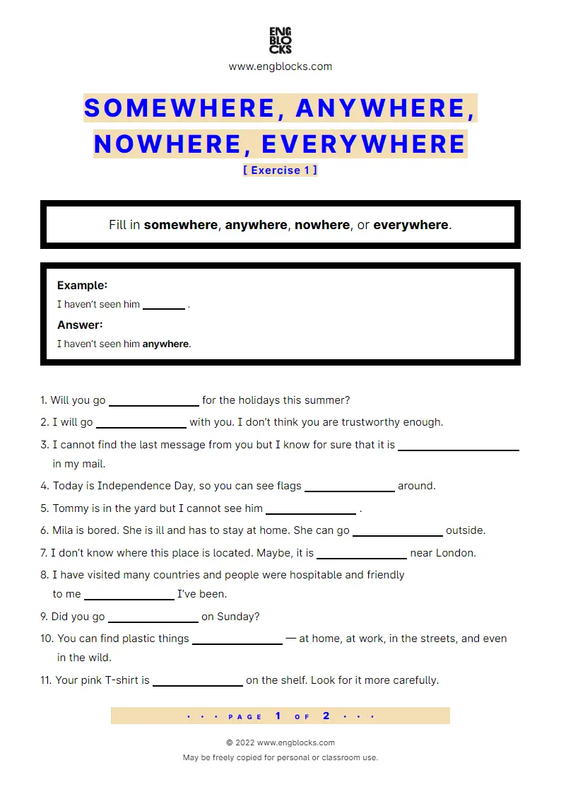 Somewhere, anywhere, nowhere, everywhere - Exercise 2 - Worksheet