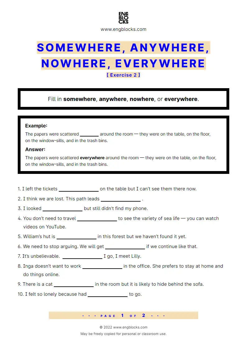 Grammar Worksheet: Somewhere, anywhere, nowhere, everywhere — Exercise 2
