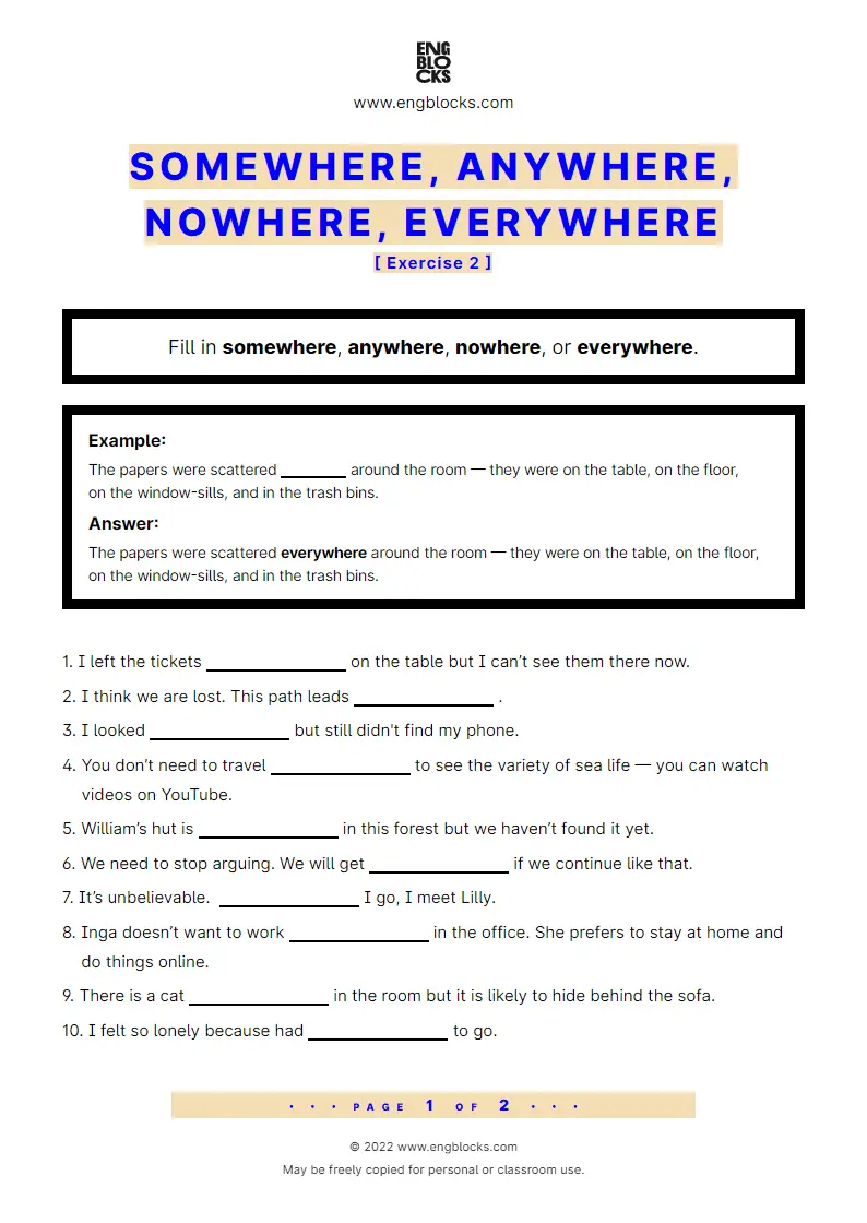 Somewhere, anywhere, nowhere, everywhere - Exercise 1 - Worksheet