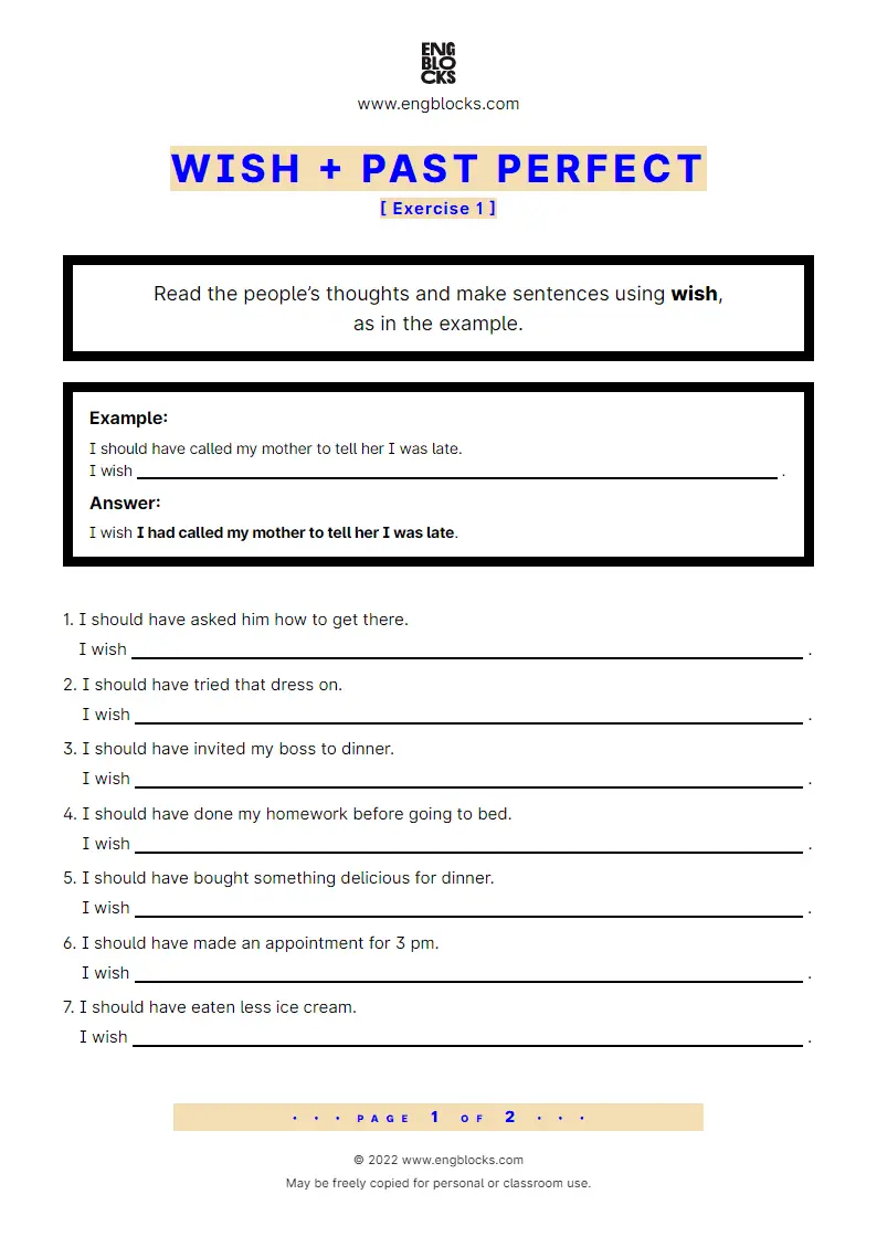 Grammar Worksheet: wish + Past Perfect — Exercise 1