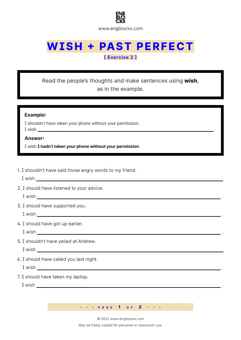 Grammar Worksheet: wish + Past Perfect — Exercise 2