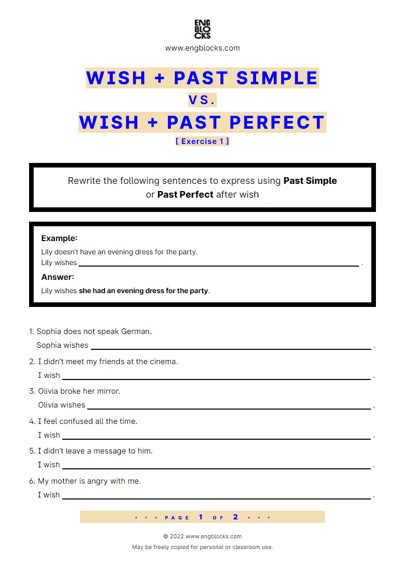 Grammar Worksheet: wish + Past Simple or Past Perfect — Exercise 1