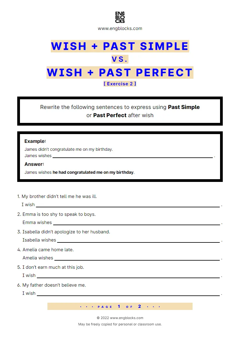 Grammar Worksheet: wish + Past Simple or Past Perfect — Exercise 2