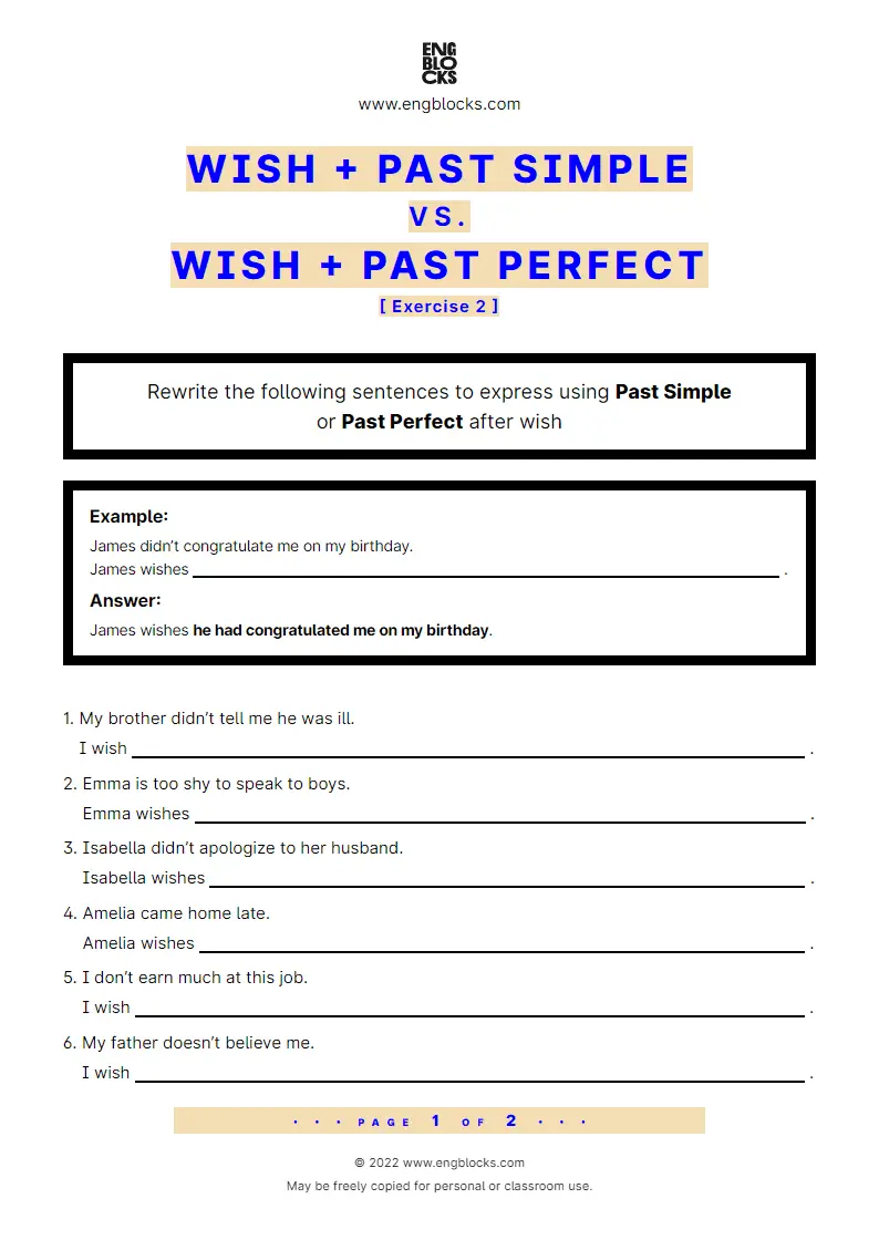 Grammar Worksheet: wish + Past Simple or Past Perfect — Exercise 2