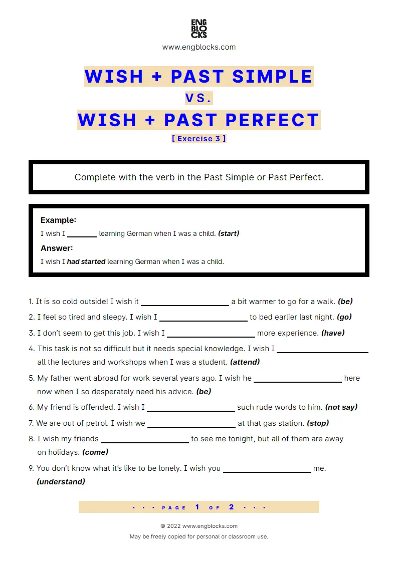 Grammar Worksheet: wish + Past Simple or Past Perfect — Exercise 3