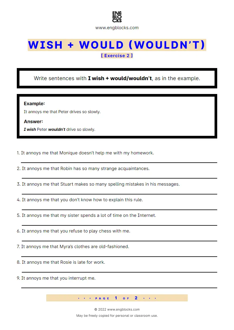 Grammar Worksheet: wish + would (wouldn’t) — Exercise 2