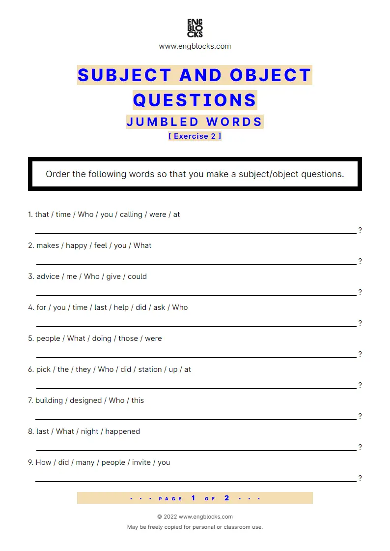 Grammar Worksheet: Subject and Object Questions — Jumbled words — Exercise 2