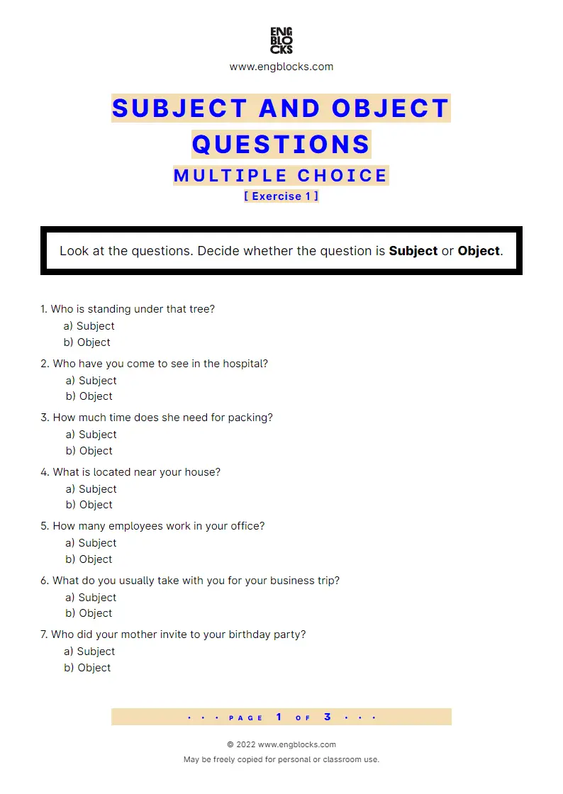 Grammar Worksheet: Subject and Object Questions — Multiple choice