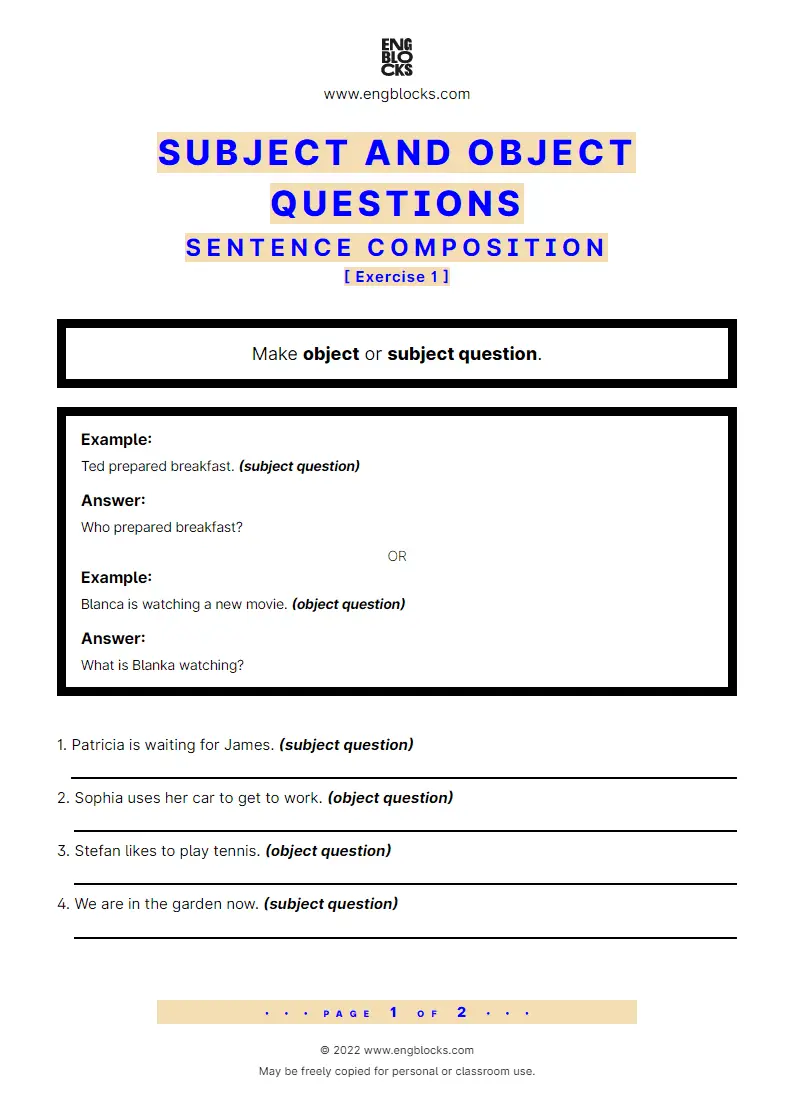 Grammar Worksheet: Subject and Object Questions — Sentence composition — Exercise 1