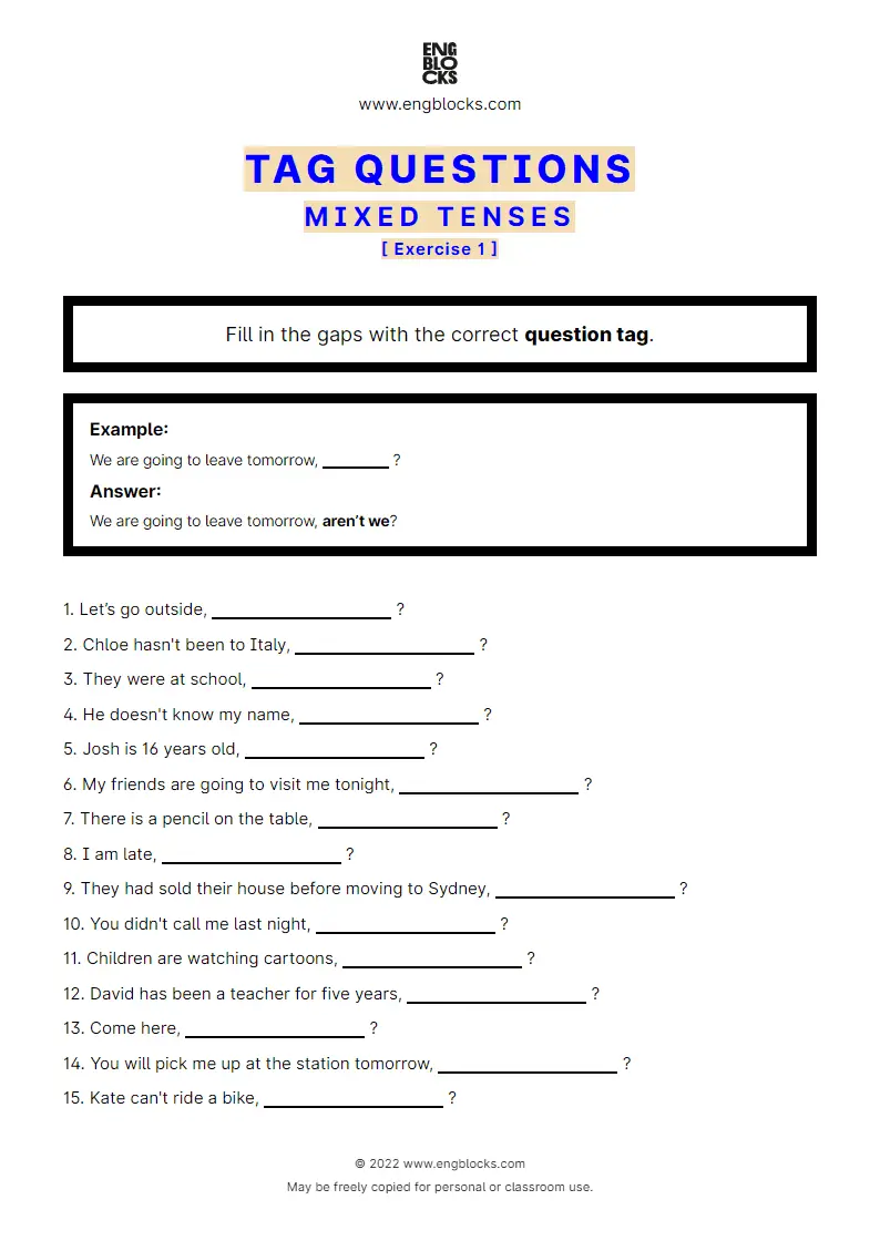 Grammar Worksheet: Tag Questions — Mixed Tenses — Exercise 1