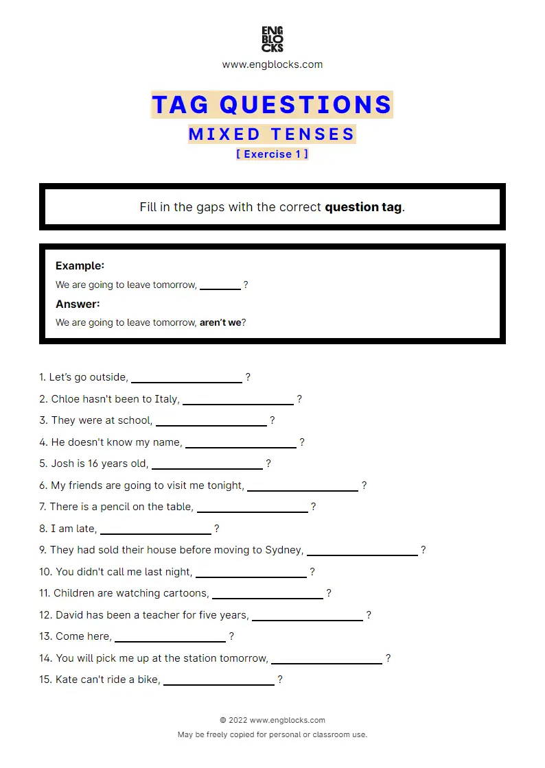 Grammar Worksheet: Tag Questions — Mixed Tenses — Exercise 1