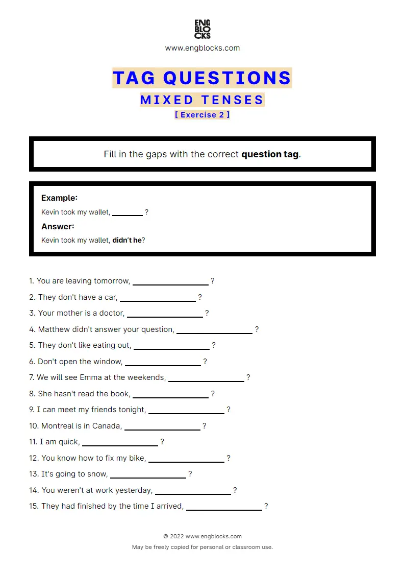 Grammar Worksheet: Tag Questions — Mixed Tenses — Exercise 2