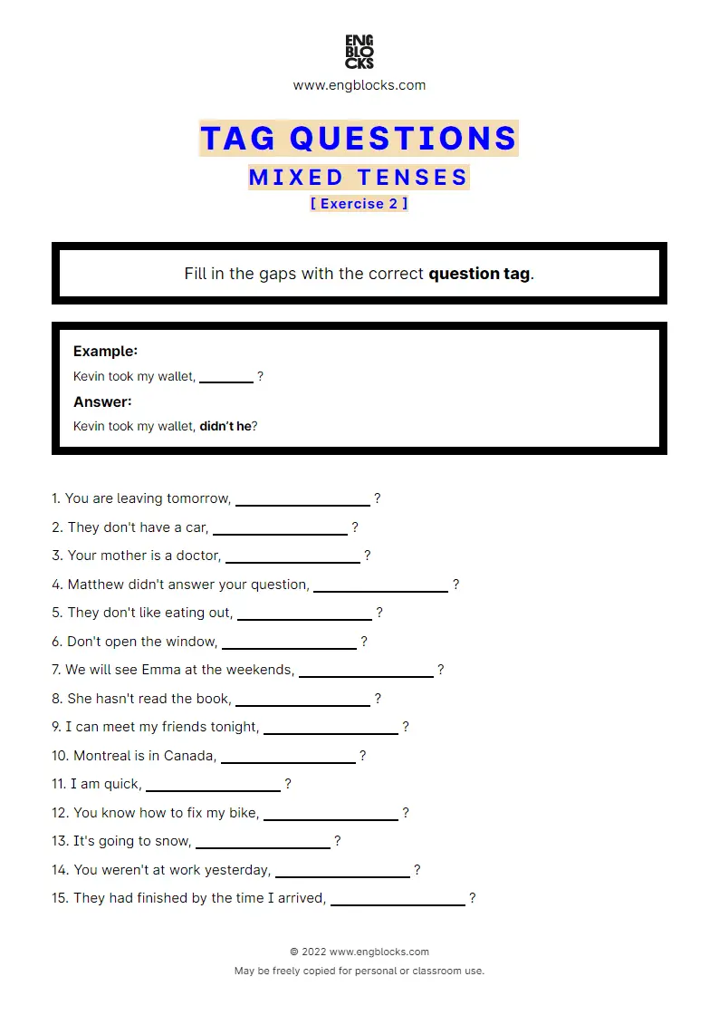 Grammar Worksheet: Tag Questions — Mixed Tenses — Exercise 2