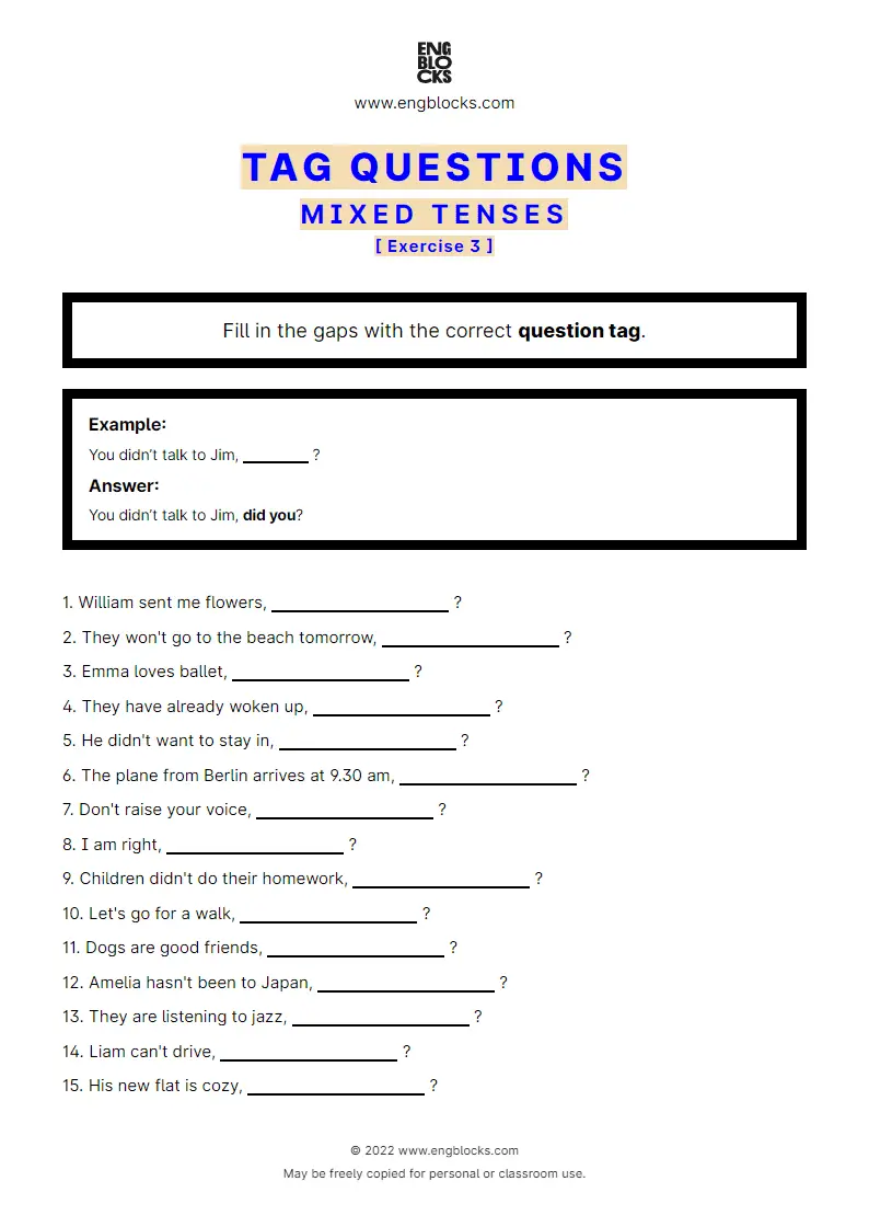 Grammar Worksheet: Tag Questions — Mixed Tenses — Exercise 3