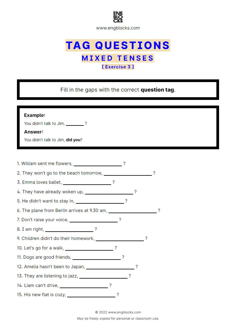 Grammar Worksheet: Tag Questions — Mixed Tenses — Exercise 3