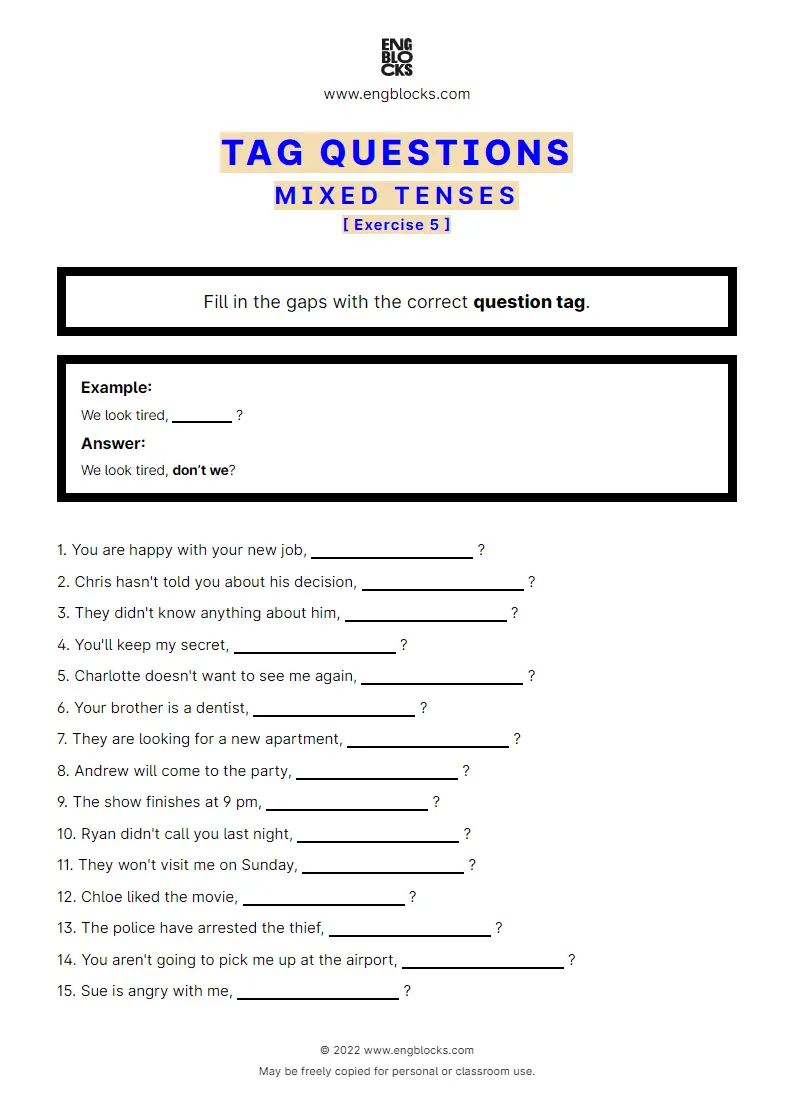 Grammar Worksheet: Tag Questions — Mixed Tenses — Exercise 5