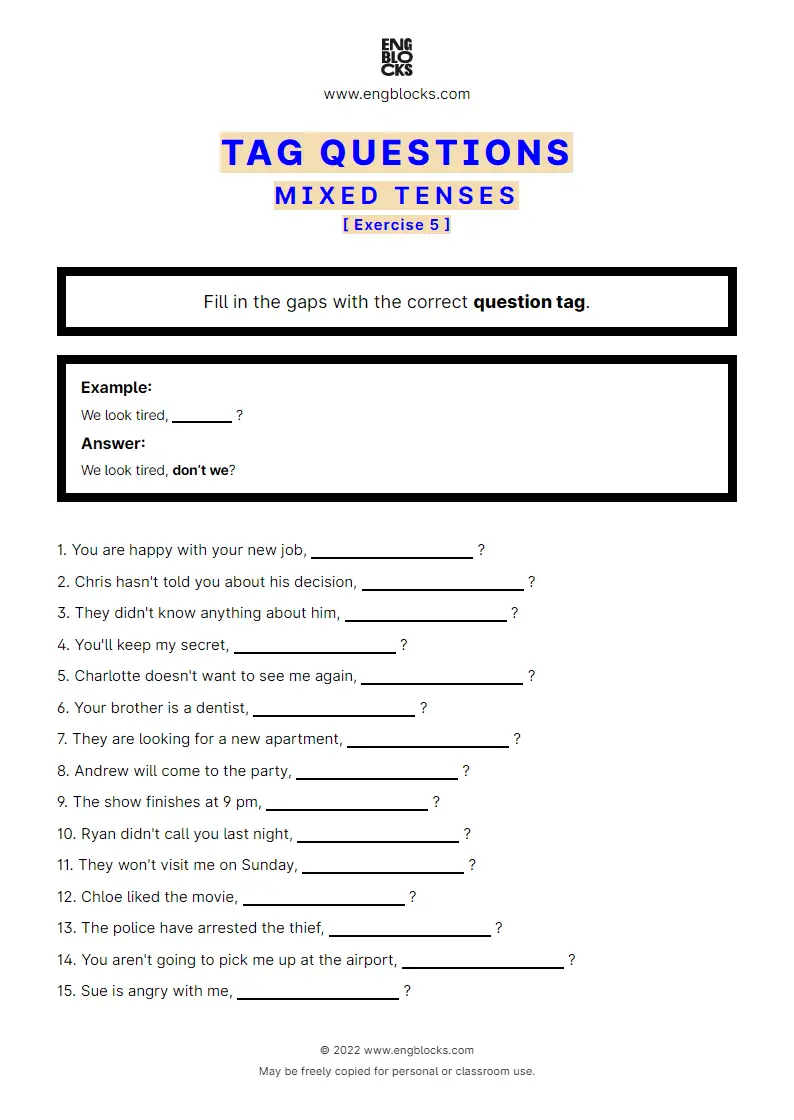 Grammar Worksheet: Tag Questions — Mixed Tenses — Exercise 5